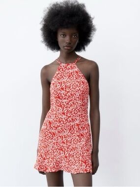 Zara Red & White Floral Halter Mini Dress